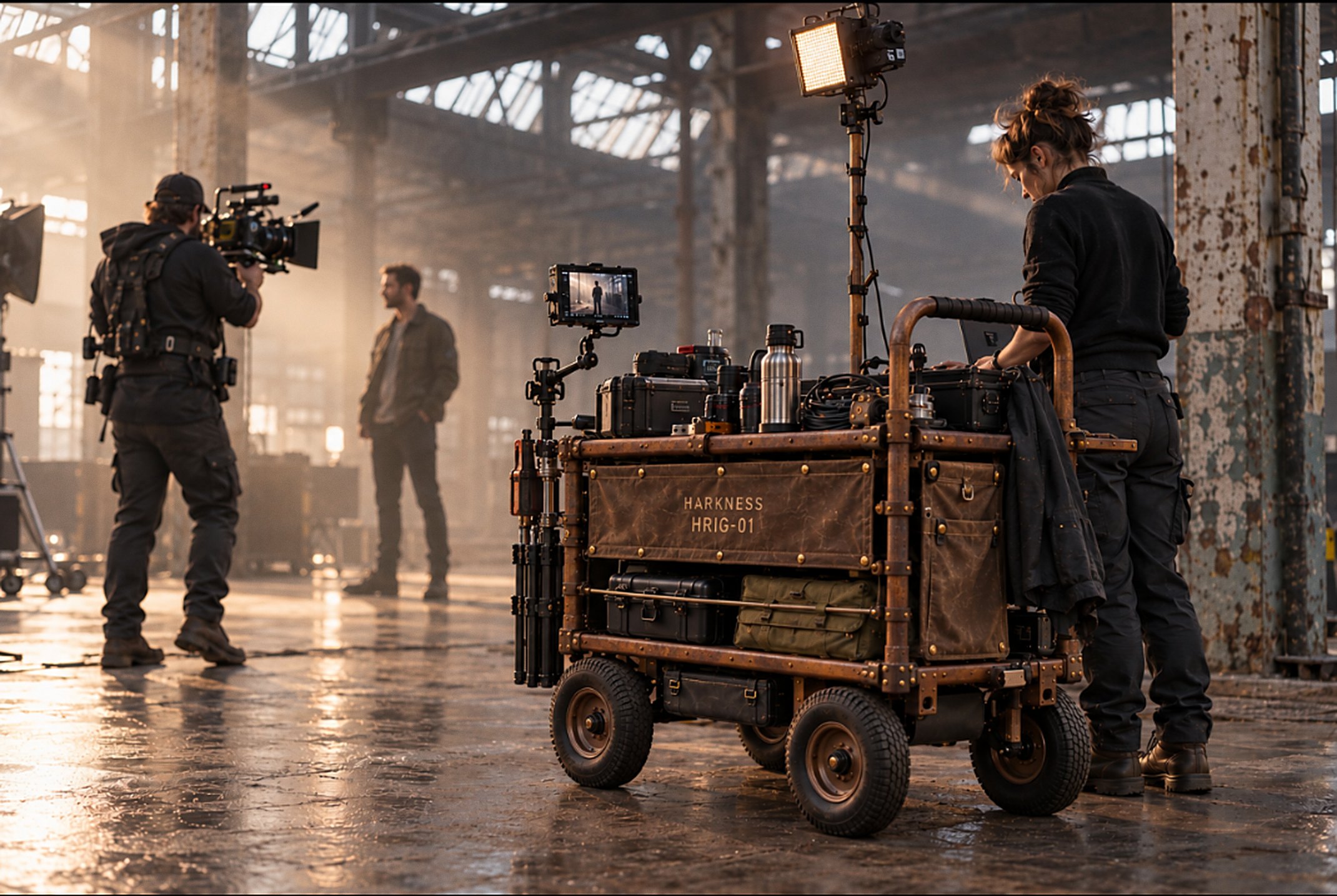 Raw edition on a warehouse video shoot with a monitor arm and light mast
