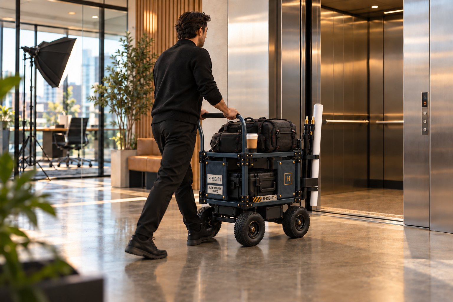 City RIG-01 in slate blue being wheeled to the lift for an office headshot shoot